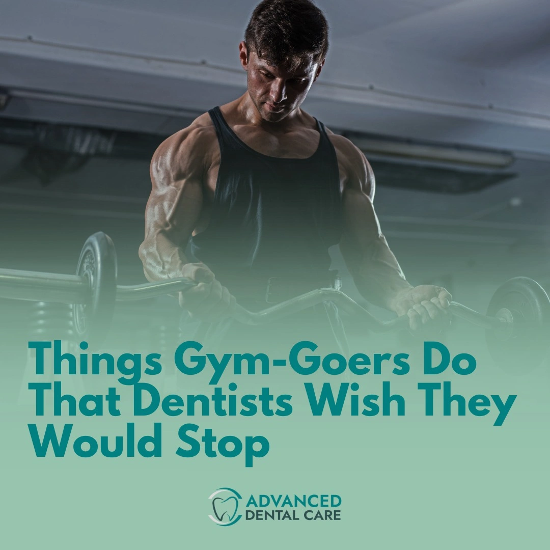 Athletic man lifting weights and text saying: “Things Gym-Goers Do That Dentists Wish They Would Stop”